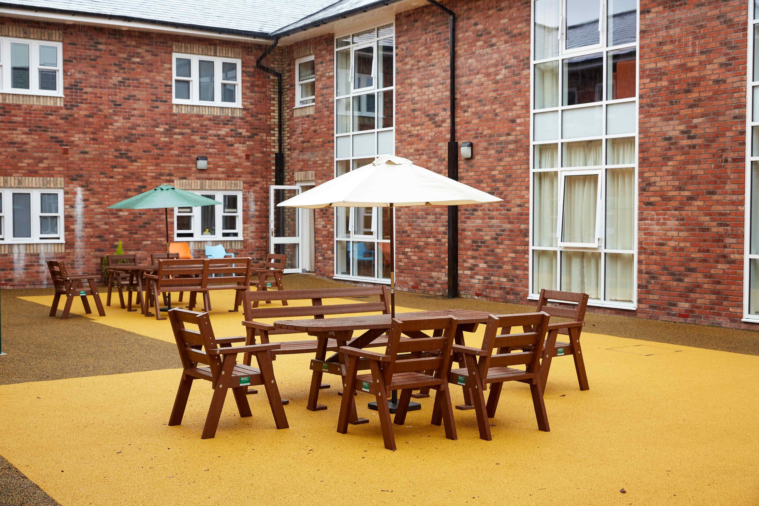 Tables and chairs outside Victoria Gardens