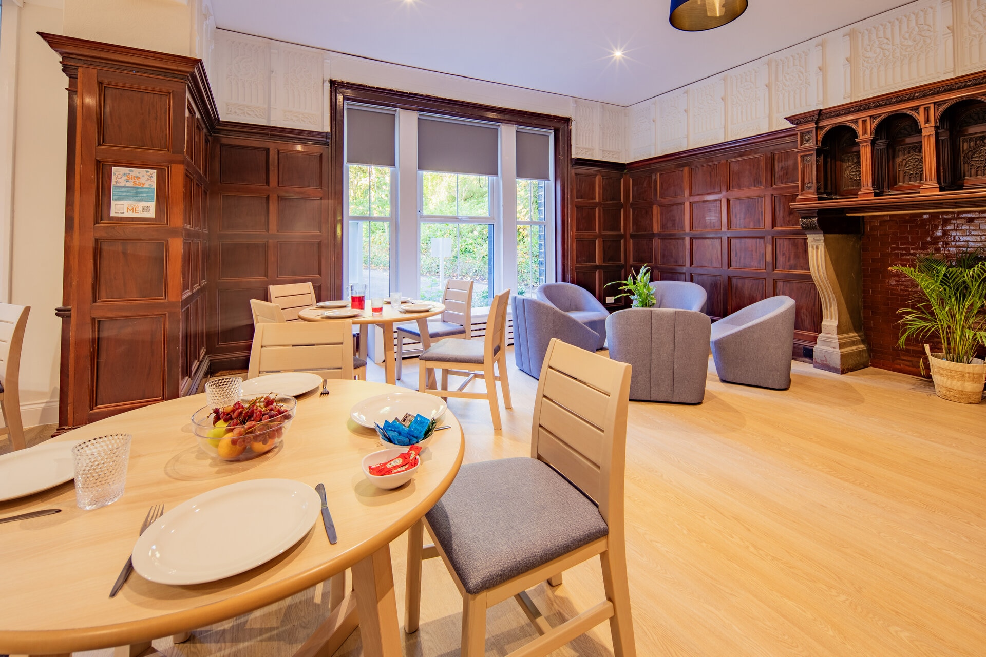 Comfortable seating and dinning area area for service users at Castleholme Lodge